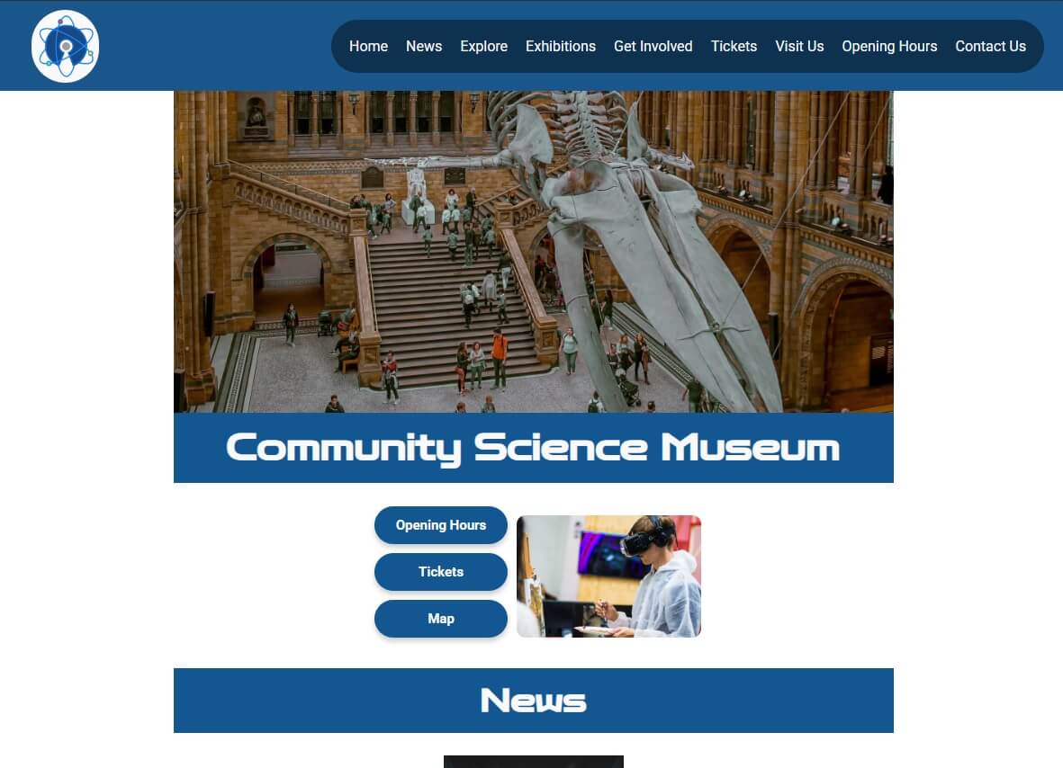 Screenshot of Community Science Museum homepage